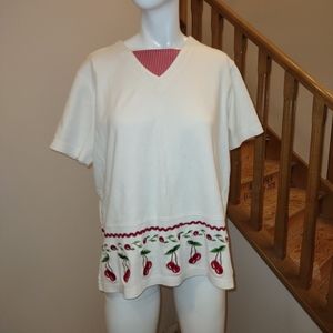 VINTAGE bechamel embroidered cherry v neck shirt